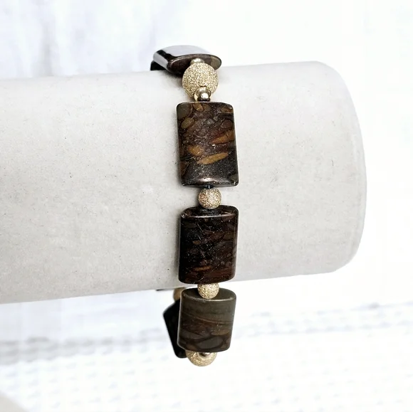 Vintage 14KGP Gold and Brown Jasper Gemstone Beaded Bracelet - Picture 2 of 15